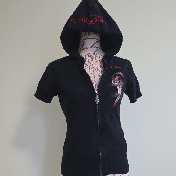 Ed Hardy Black Graphic Short Sleve Sweater With Zipper Size S - Picture 6 of 6
